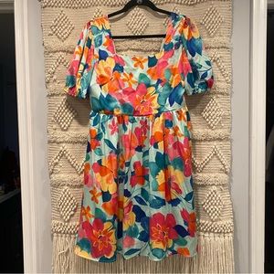 Pink Blush - Mint Green Floral Satin Square Neck Back Tie Dress